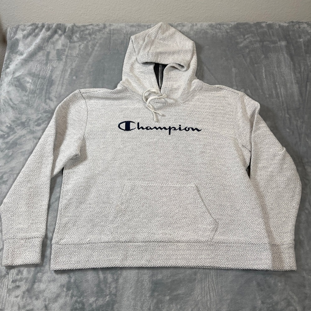 Champion Hoodie Mens Large White Chevron Knit Pullover Script Logo Sweatshirt